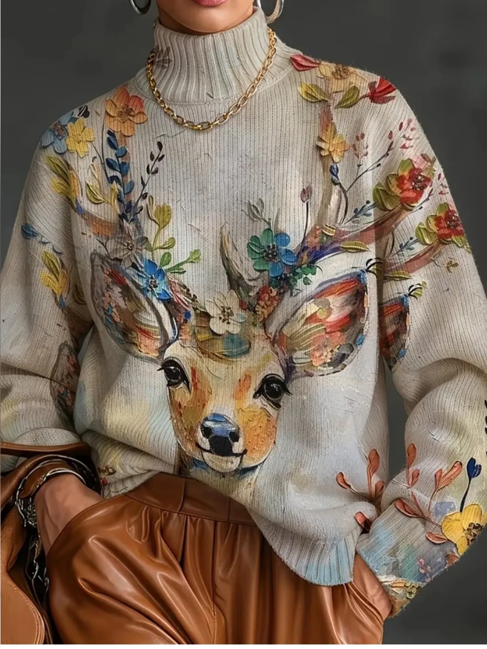 AMAZON Cream Floral Deer Mock Turtleneck Sweater L NIB